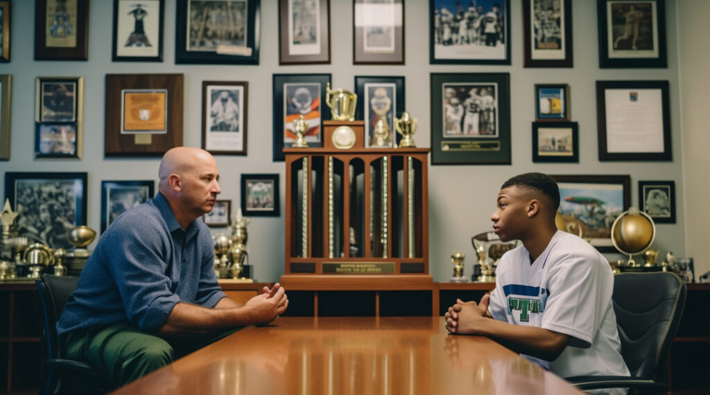 student athlete talking with college coach during a recruitment visit